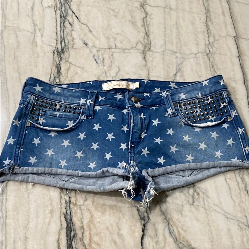 Frankie B Blue Jean Shorts with Star Pattern, Studs on Pockets